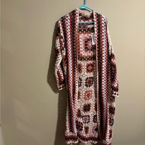 Three Bird Nest Colorful Crochet granny square open Long Cardigan- NWT